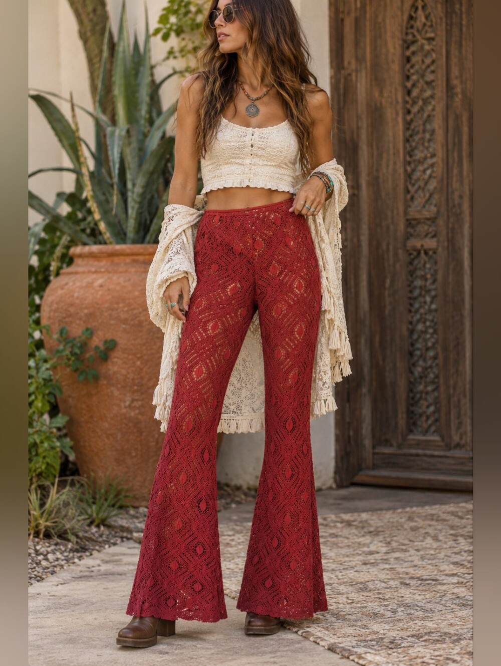 Urban Outfitters Crochet Flare Pants Size 2 Rust Boho 70s Festival Hippie